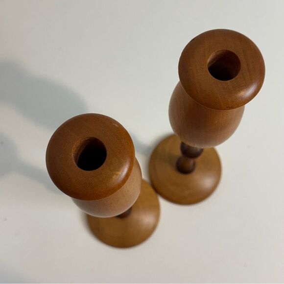 2 Artisan Wood Turned Candlestick Holders 12” Maple & Black Walnut, Signed - Picture 3 of 10